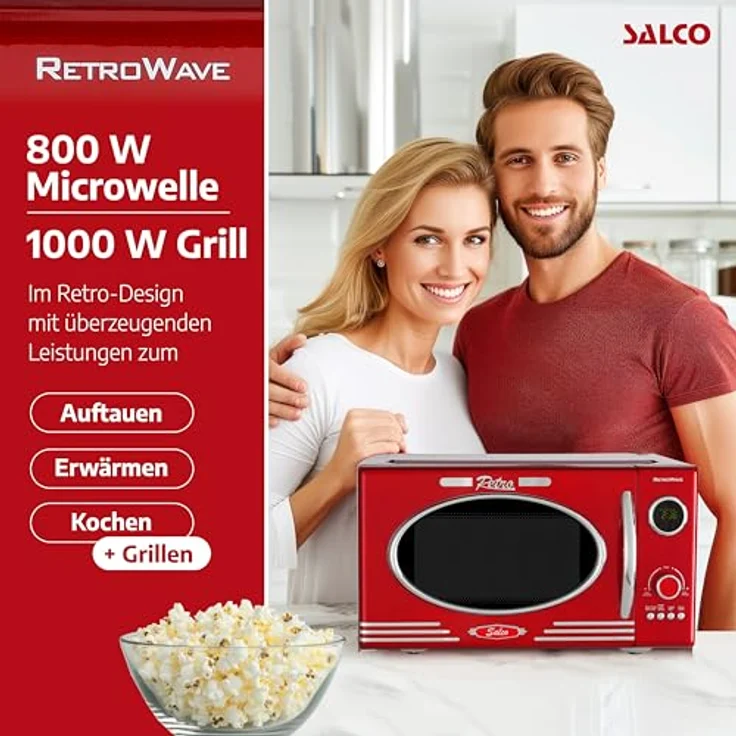 Salco Mikrowelle 2 in 1, Retro-Style, Grillfunktion, 23 l Garraum, metallic-rot, 900 W, 12 Funktionen, Auftauen, Grillen, Wärmen, inkl. Drehteller – Bild 2