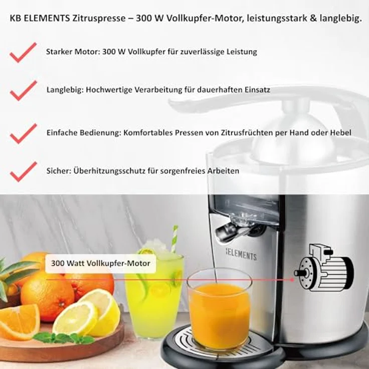 KB ELEMENTS elektrische Saftpresse, Zitruspresse mit 300W Vollkupfer-Motor, Edelstahl, 2 Kegel, 700ml Saftbehälter, integrierter Handhebel, Tropfstop – Bild 5
