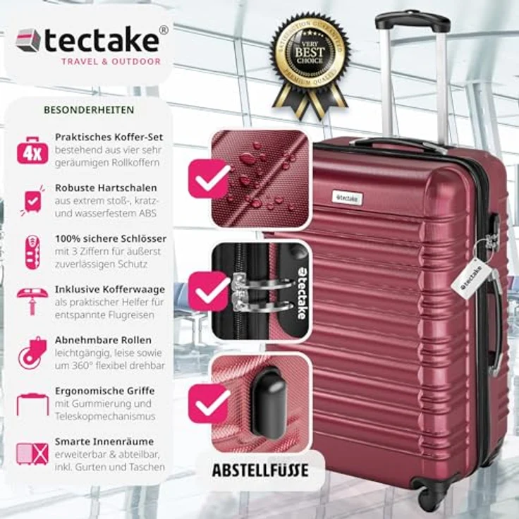 tectake®, 4tlg. Hartschalenkoffer Set, Reisekoffer Set mit Rollen, Hartschale aus ABS, Koffer Set mit Teleskopgriff und Schloss, inkl. Kofferwaage und Kofferanhänge, Trolley Größen S-M-L-XL - weinrot – Bild 2