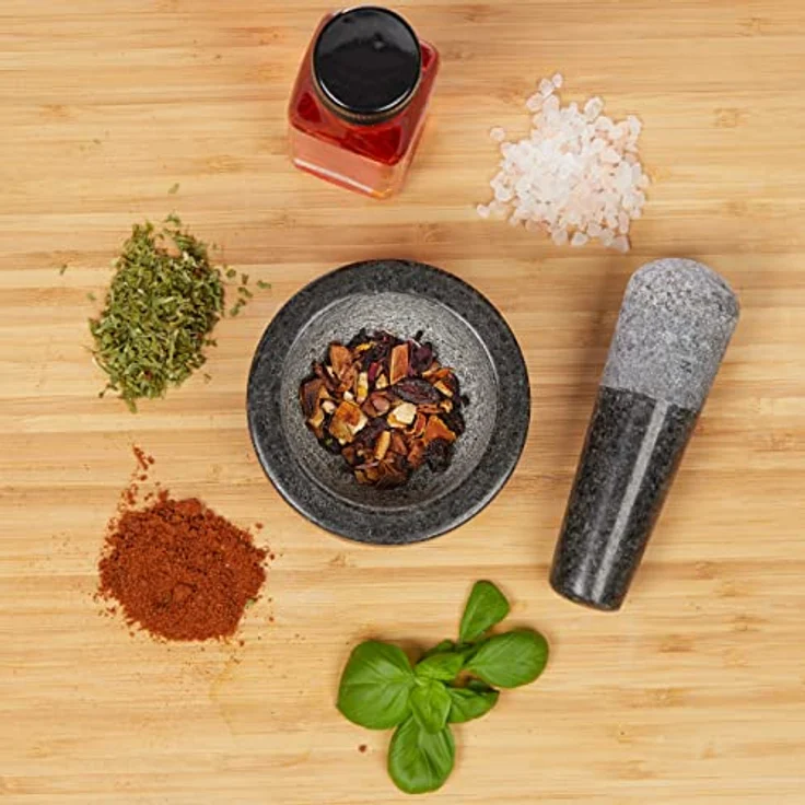 relaxdays Mörser Granit Mörser mit Stößel klein, aromatisches Zerkleinern von Gewürzen, robustes Naturmaterial, Grau – Bild 6
