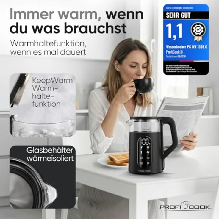 ProfiCook® PC WK 1328 G Wasserkocher, 1,7L mit Temperatureinstellung 40-100°C, Schnellstartfunktion, 2200W, wärmeisolierter Glasbehälter, Warmhaltefunktion, Einhandbedienung, BPA frei – Bild 3