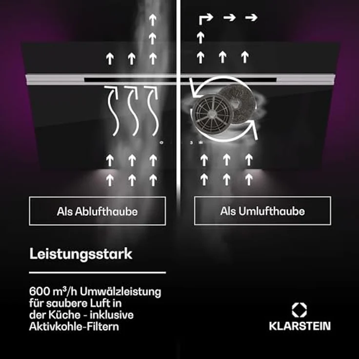 Klarstein Dunstabzugshaube, Abluft-Dunstabzugshaube mit Spülmaschinenfestem Filter aus Aluminium, Leiser Abzugshaube für Abluft, 600m³/h Luftstrom, Wandhauben mit LEDs, Dunstabzug zur Wandmontage – Bild 3