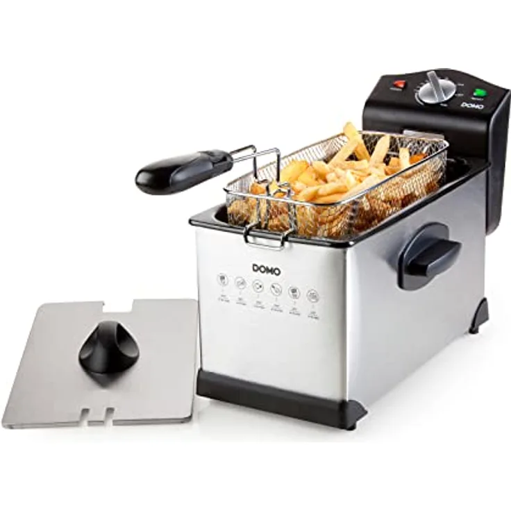 Domo Fritteuse, mit Fett, 3 Liter Fassungsvermögen, schwarz, Edelstahl, Kaltzonen Fritteuse 2000W