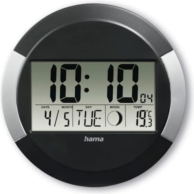 Hama Wanduhr Digital mit Funk (Funkuhr ohne tickgeräusche, LCD-Display, Thermometer, Kalender, Mondphase) schwarz- Silber