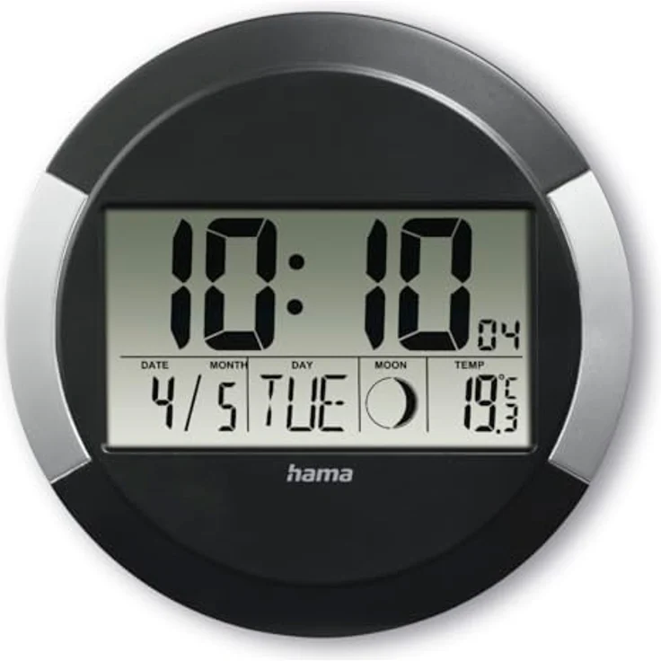 Hama Wanduhr Digital mit Funk (Funkuhr ohne tickgeräusche, LCD-Display, Thermometer, Kalender, Mondphase) schwarz- Silber – Bild 1
