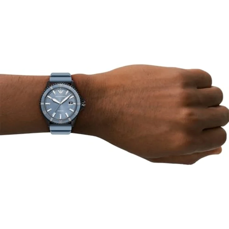 EMPORIO ARMANI Herren Analog Quarz Uhr AR11685, 42 mm Gehäuse, schwarzes Edelstahlgehäuse, blaues Sunray-Zifferblatt, blaues Silikonarmband, wasserdicht bis 100 m – Bild 2