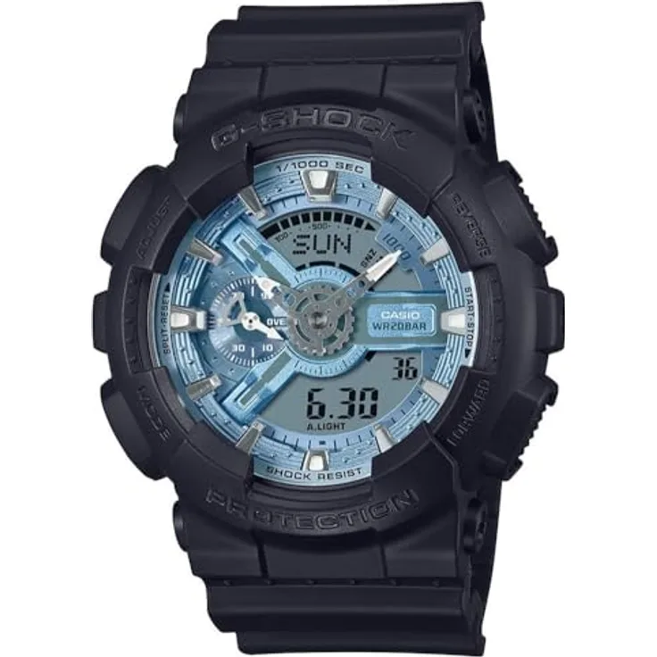Casio Watch GA-110CD-1A2ER, Sportliche Analog Digital Uhr, Schwarz mit blauem Zifferblatt, 20 bars wasserdicht
