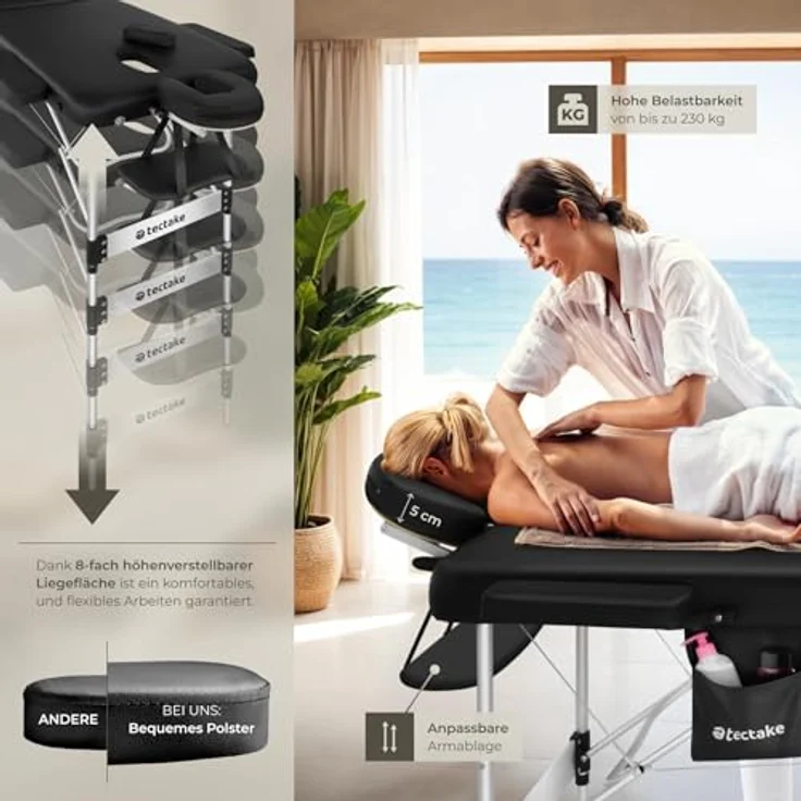 Tectake Massageliege 3 Zonen Massageliege (Set, 1-St., mit Tragetasche), Breite 70 cm, Polsterung 5 cm, Aluminiumgestell, höhenverstellbar, inklusive 15 Einweg-Nasenchlitztücher, grau – Bild 4