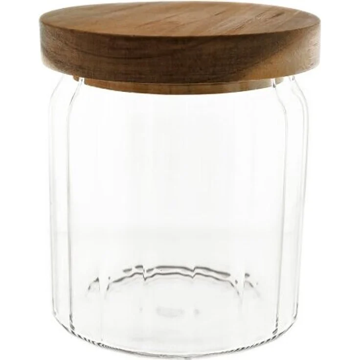 Almina Vorratsdosen 11 x 9 cm, Borosilikatglas mit Holzdeckel und Relief-Design, ideal zur Lebensmittelaufbewahrung