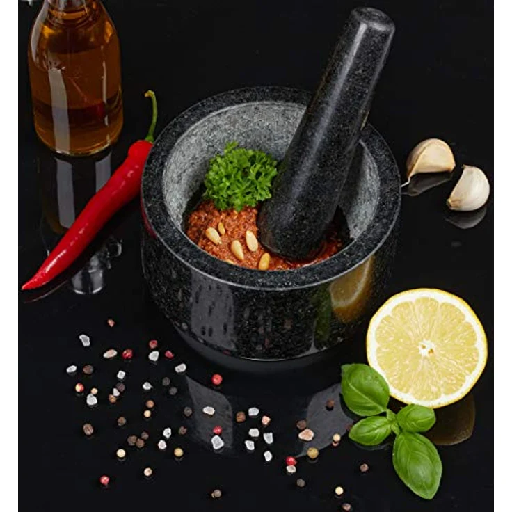 Relaxdays Granit Mörser mit Stößel, langlebig, Gewürze, Kräuter, rutschfest, Steinmörser, Ø 14 cm, 400 ml, grau-weiß – Bild 3