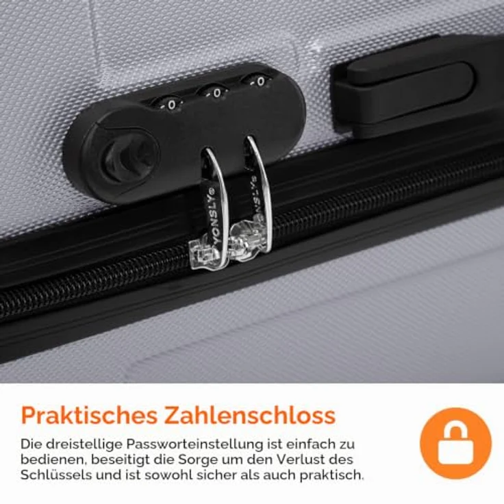 YONSLY Hartschalen Reisekoffer, Gepäck Trolley mit 360° Lenkrollen, Zahlenschloss, Mehrstufiger Teleskopgriff (S, Silber) – Bild 4