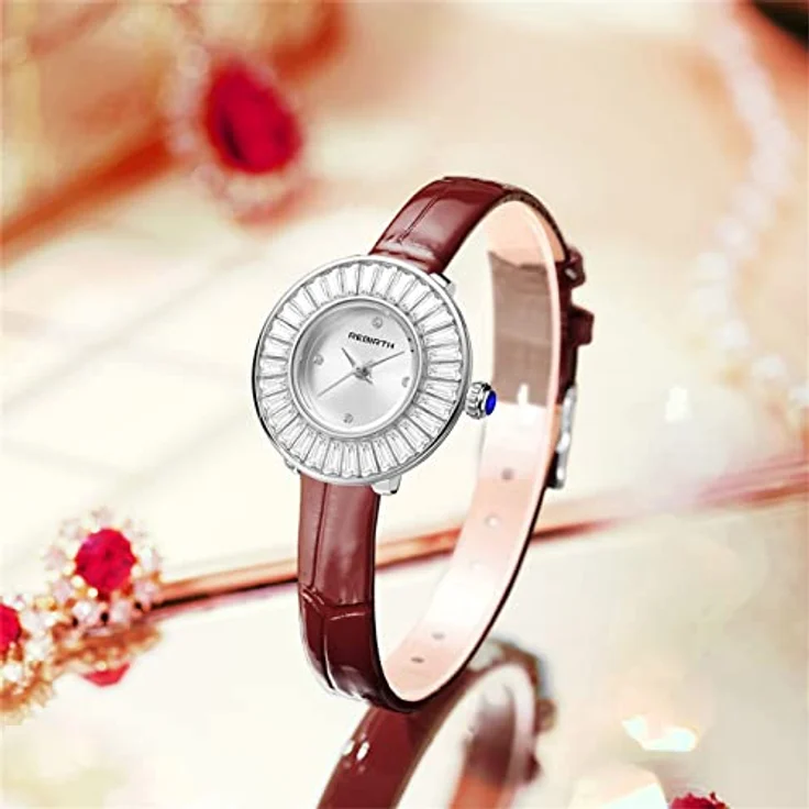 JewelryWe Damenuhr Analog Quarz, trapezförmiges Design mit Kristall, Echtlederarmband, braun, 30m wasserdicht – Bild 5