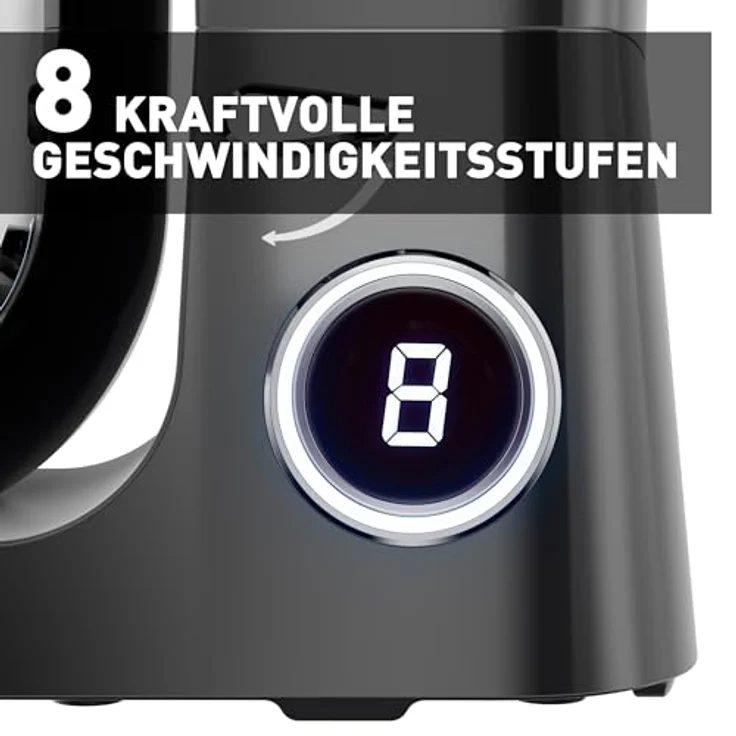 Heinrichs Küchenmaschine 2500W, Knetmaschine mit XXL 8L Edelstahlschüssel, Doppel-Knethaken, Rührhaken, Schneebesen, 8 Geschwindigkeiten, geräuscharm, Titan – Bild 5