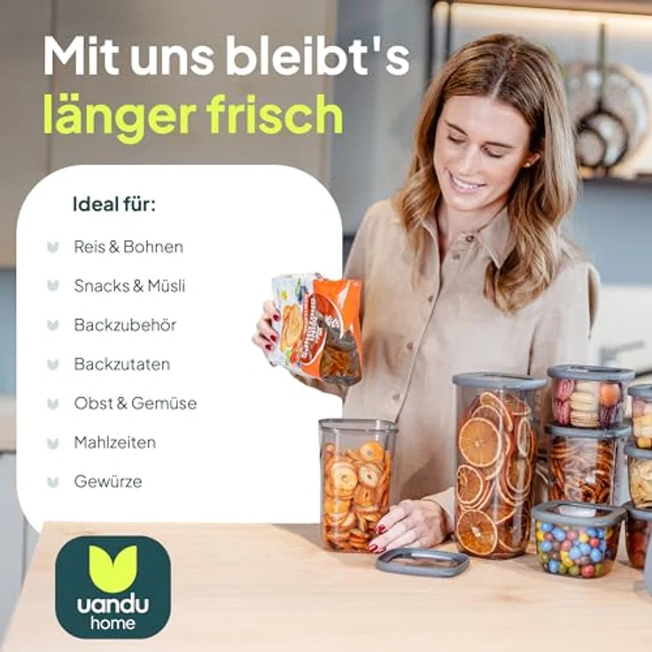 uandu Vorratsdosen mit Deckel Luftdicht - 12er Vorratsbehälter Set | BPA Frei | Transparente Aufbewahrungsdosen für trockene Lebensmittel – Bild 5