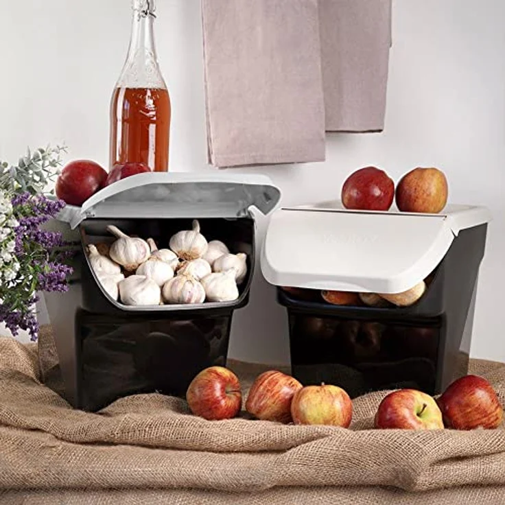 Vilde Aufbewahrungsbehälter | Frischhaltebehälter für Obst, Gemüse, Zwiebeln, Kartoffeln, Knoblauch | mit Klappe, lebensmittelecht, 13l, Schwarz/Grau, Made in EU – Bild 5