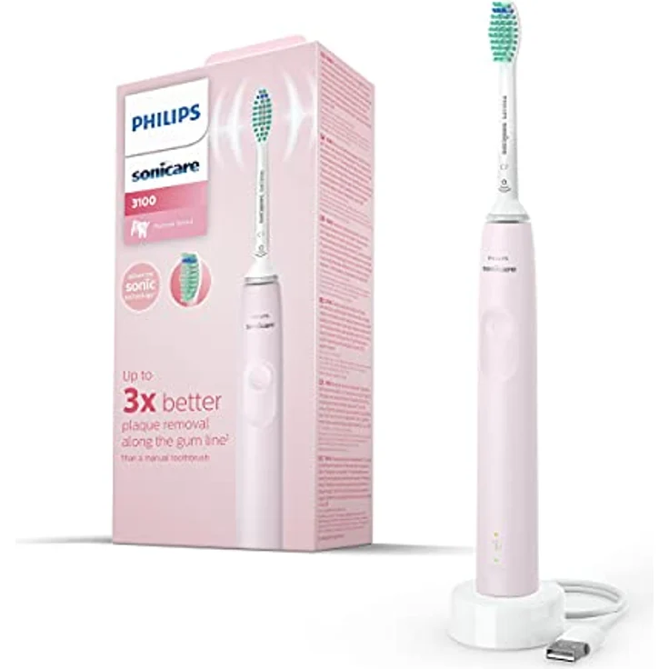 Elektrische Schallzahnbürste Philips Sonicare 3100 Series, mit integriertem Drucksensor, SmarTimer und QuadPacer, HX3671/11, Rosa – Bild 1
