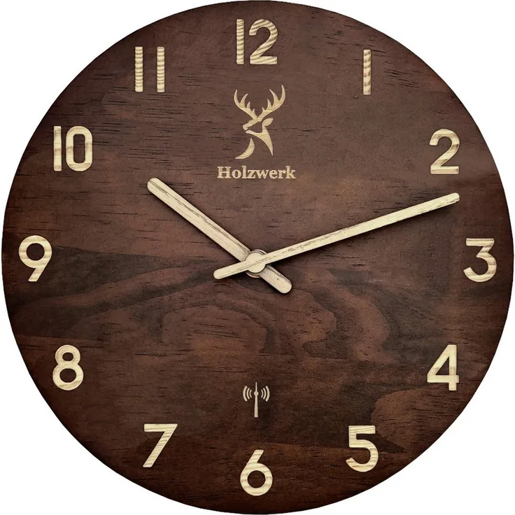 Holzwerk Funkwanduhr moderne Designer Loft Funk Holz Wand Uhr, braun, grau (lautlos ohne Tickgeräusche, 24,9 cm)