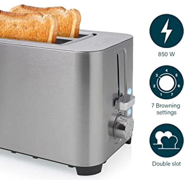 Princess 142400 2-Schlitz-Toaster, 2 kurze Schlitze, 850 W, Edelstahl, 2 kleine Scheiben, Brötchenaufsatz, 7 Bräunungsstufen, Krümelschublade, silber – Bild 5