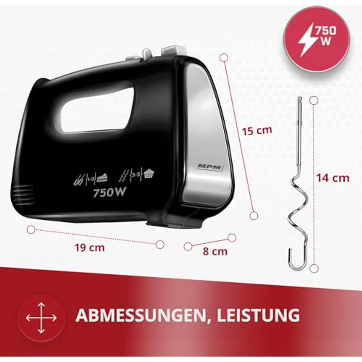 MPM MMR-19/C Handmixer 750 W, 5 Geschwindigkeitsstufen, Turbo-Funktion, 2 Aufsatzpaare, Aufsatzsperre, ideal zum Rühren und Kneten – Bild 2