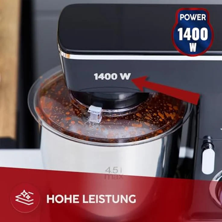 MPM Planetarische Küchenmaschine MRK-25, multifunktional mit 4,5 l Edelstahlschüssel, 1400 W, 2 Schüsseln, 3 austauschbare Rührbesen, spülmaschinenfest – Bild 5