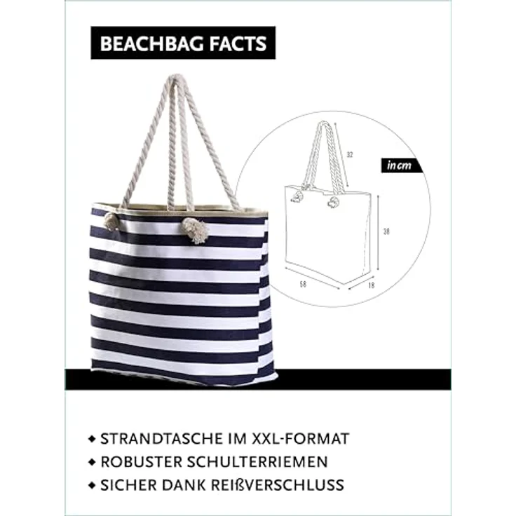 DonDon Strandtasche XXL mit Reißverschluss, gestreifte Badetasche in dunkelblau und weiß, praktische Umhängetasche für Strand und Alltag – Bild 2