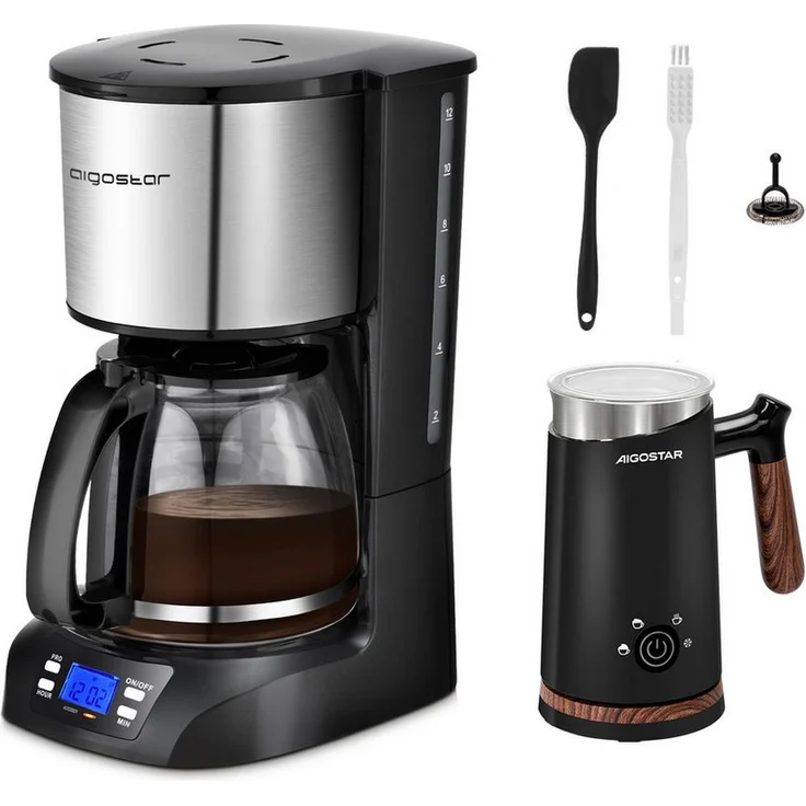 Aigostar Filterkaffeemaschine 1,5L, programmierbarer Timer, 500W Milchaufschäumer, Edelstahl-Design, 40 Min Warmhaltefunktion, Tropf-Stopp