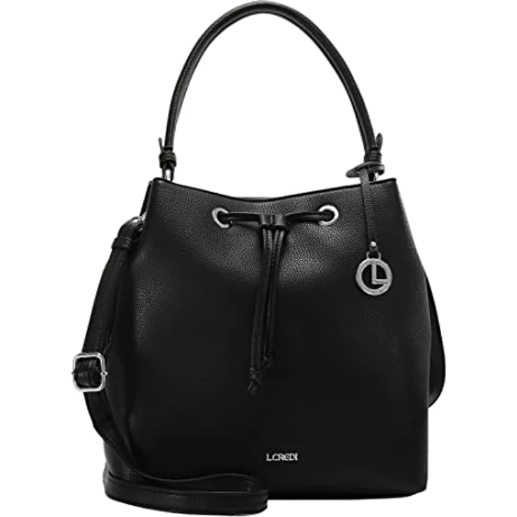 L.Credi Ebony Beuteltasche, Handtasche aus genarbtem Kunstleder mit Zugband-Reißverschluss, Schwarz, 28 cm – Bild 5