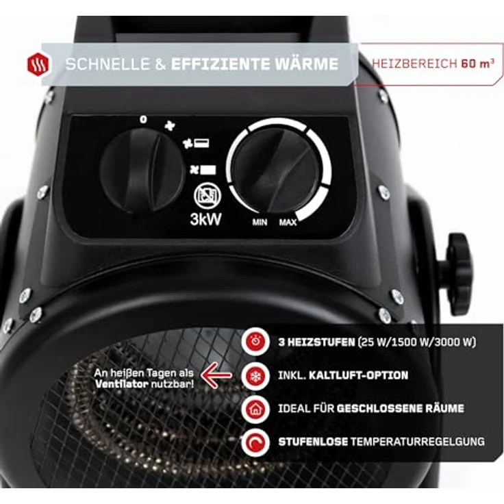 FEISTOS Heizlüfter Ikarus 3000 | 3000 W | 25x29x33 cm | Heizbereich 60 m³ | Heizstrahler zum leisen & effektivem Erwärmen der Umgebung | 3 Heizstufen + Kaltluftoption & Überhitzungsschutz – Bild 4