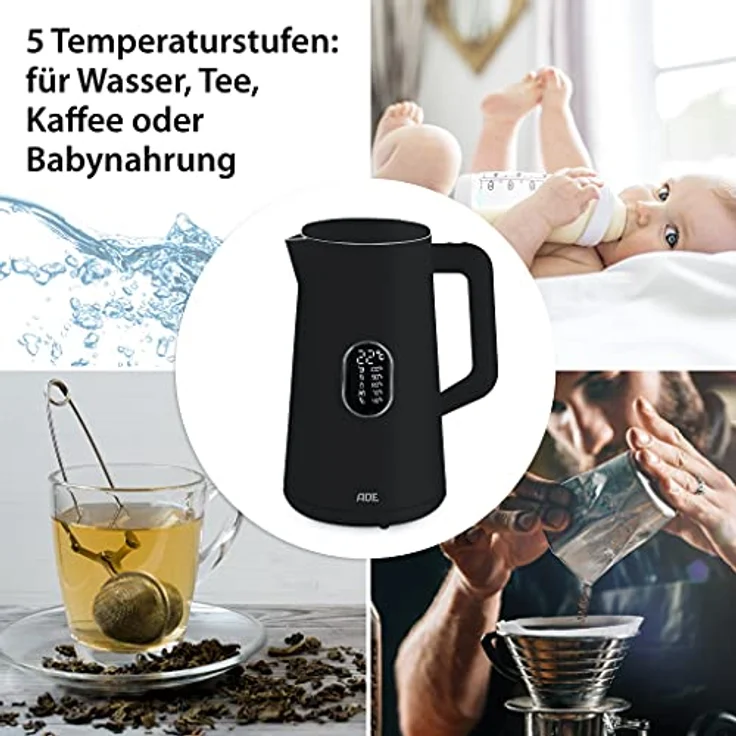 ADE Energiesparender Wasserkocher mit Temperatureinstellung 40-100°C | 1,5 l | Edelstahl | BPA-frei | schwarz matt – Bild 5