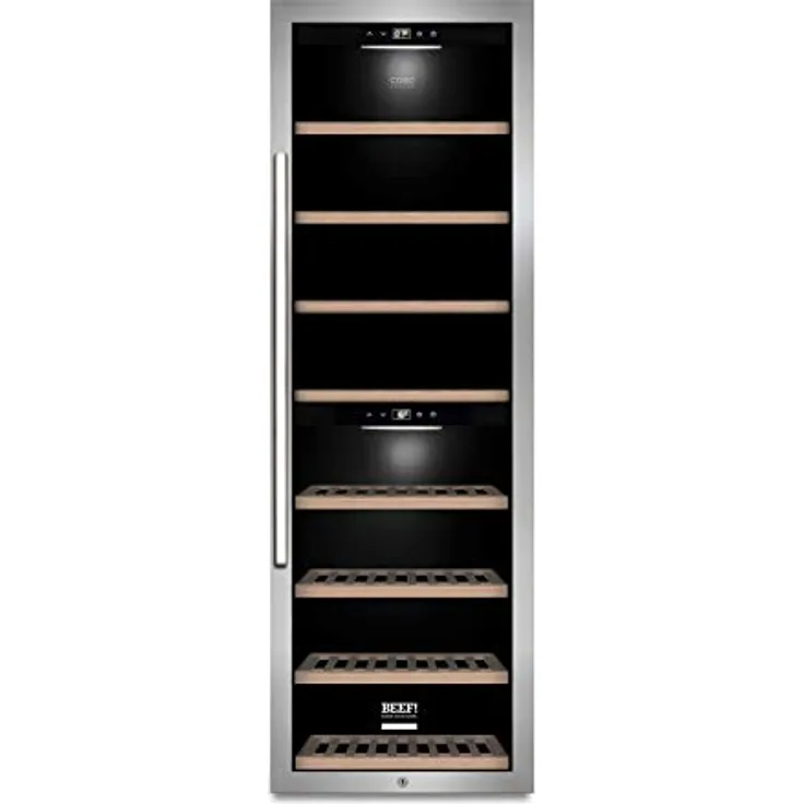 Caso WinePremium 180 Smart, Weinkühlschrank für 180 Flaschen, 2 Zonen für 5-20°C, LED Beleuchtung, mit WLAN und WiFi App, Edelstahl, BEEF!-Edition