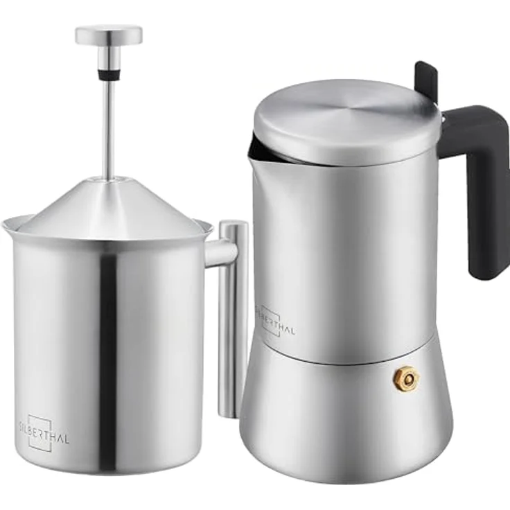 SILBERTHAL Espressokocher 300 ml 2er Set, inkl. manuellem Milchaufschäumer für cremigen Schaum, Edelstahl – Bild 1