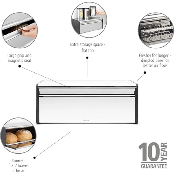 Brabantia Klappbrotkasten, große Aufbewahrungsbox aus Brilliant Steel mit magnetischem Verschluss, platzsparendes Design zur Wandmontage – Bild 3