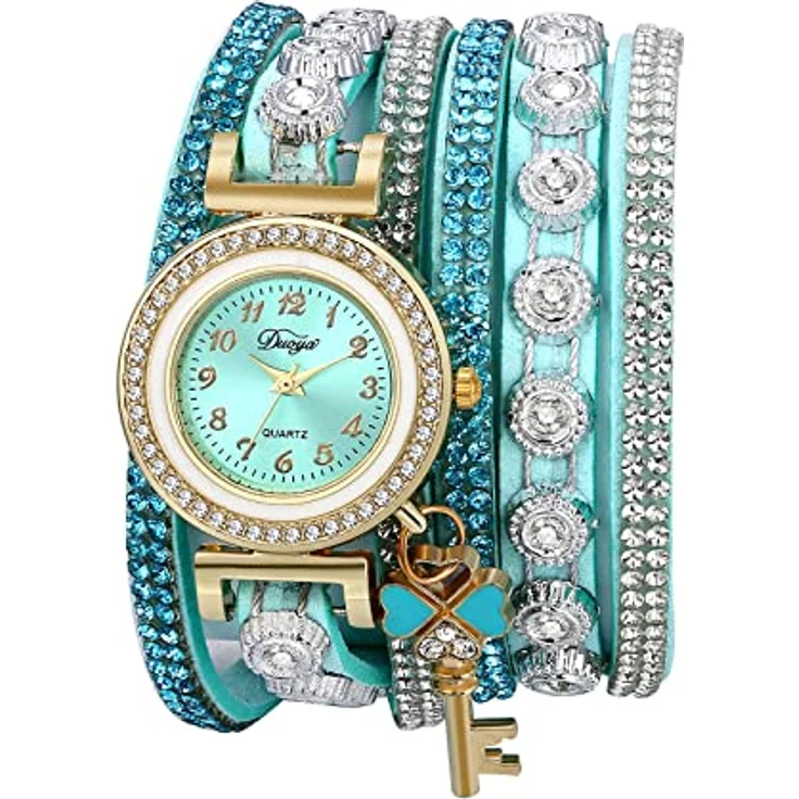 JewelryWe Armbanduhr Damen Retro Strass Glitzer Analog Quarz mit geflochtenem Lederarmband und Kleeblatt Schlüsselanhänger, Grün – Bild 1