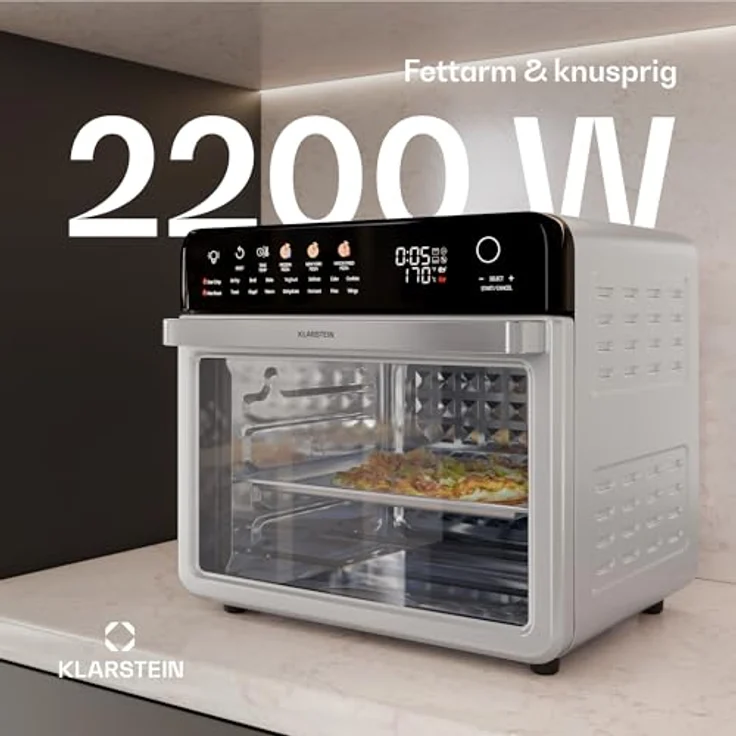 Klarstein AirGlaze Digital Colour Heißluftfritteuse – 34 L, 2200 W, 19 Programme, Drehspieß, Touch Display, 40-350 °C, Pizzastein & Grillroste, Edelstahl, Doppelt Verglaste Tür, Schwarz – Bild 3