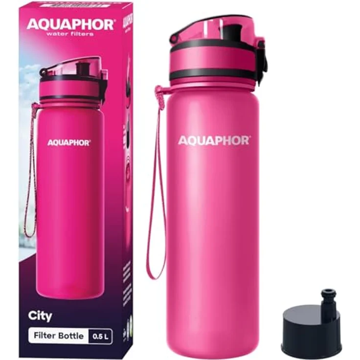 AQUAPHOR City Filterflasche 500ml Pink I Flasche mit Wasserfilter für unterwegs I Filter mit Aktivkohle I Filtert Chlor I Aus Tritan & BPA-frei I Für besseren Geschmack & Geruch des Wassers – Bild 1