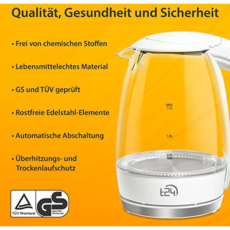 T24 Borosilikatglas Wasserkocher mit LED, 2200 Watt, 1,7 Liter, Trockenkoch- und Überhitzungsschutz, mit Filter, weiß – Bild 4