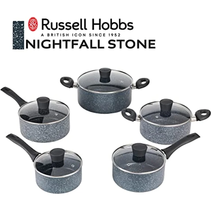 Russell Hobbs RH02818EU7 Nightfall 5-teiliges antihaftbeschichtetes Topfset, Hartglasdeckel, Soft-Touch-Griffe, 16/18/20-cm-Stieltöpfe und 20/24-cm-Suppentöpfe, induktionsgeeignet, Aluminium – Bild 2
