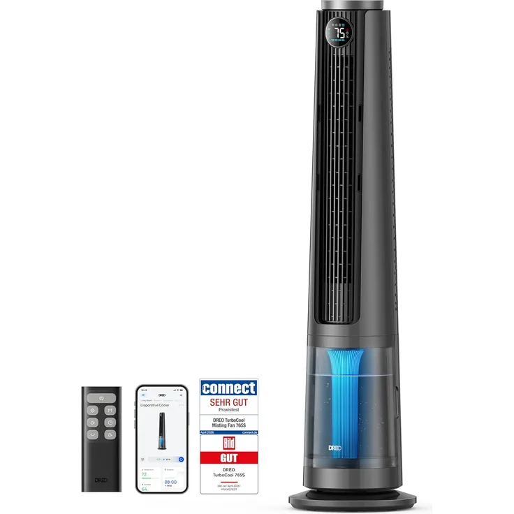 DREO 765S DR-HEC005S Ventilator mit Ultraschall-Nebelkühlung, 6L Wassertank, 12 Stufen, 4 Modi, Fernbedienung, flügellos