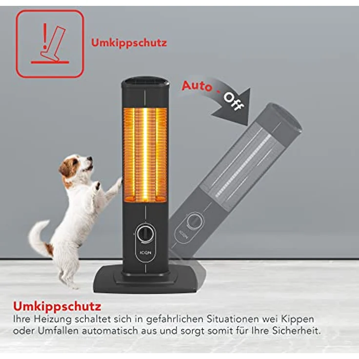 ICQN Stand Heizstrahler 1500 W, Infrarotheizung für Innen- & Außenbereich, Standgerät, IP20, Metallgehäuse mit Schutzgitter – Bild 4