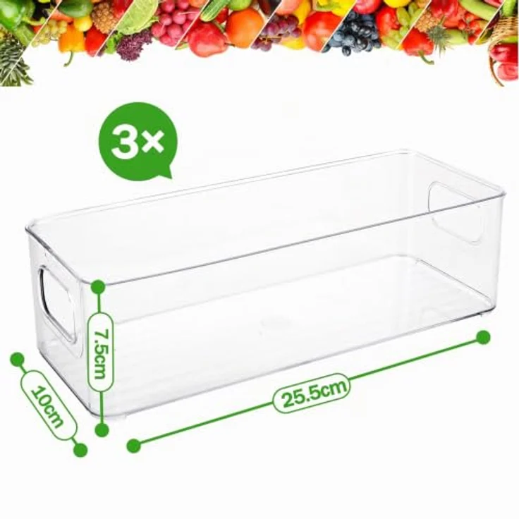ASelected Kühlschrank Organizer Set, 3 Stück stapelbare Aufbewahrungsboxen, transparent, ideal für Obst, Gemüse und Snacks, leicht zu reinigen – Bild 2