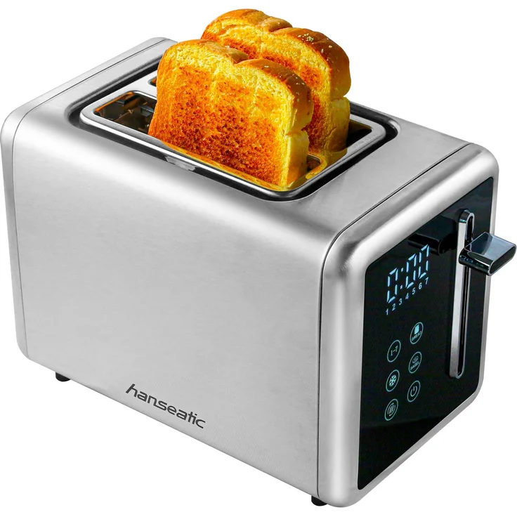 Hanseatic Toaster HT9007BD, Edelstahl, 2 kurze Schlitze, 900 W, 6 Bräunungsstufen, LED-Display mit Timer, Bagelfunktion