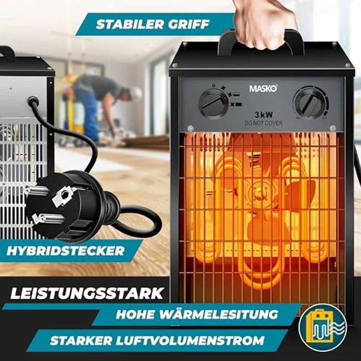 MASKO® Elektroheizer Heizlüfter 3 kW, elektrisch mit integriertem Thermostat, 3 Heizstufen, Überlastschutz, für Innen- & Außeneinsatz, anthrazit – Bild 2