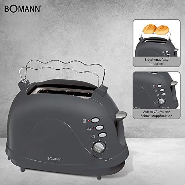 Bomann TA 246 CB, kompakter 2-Scheiben Toaster, Auftaufunktion, Aufwärmfunktion, Schnellstoppfunktion, Cool-Touch Gehäuse, grau – Bild 2