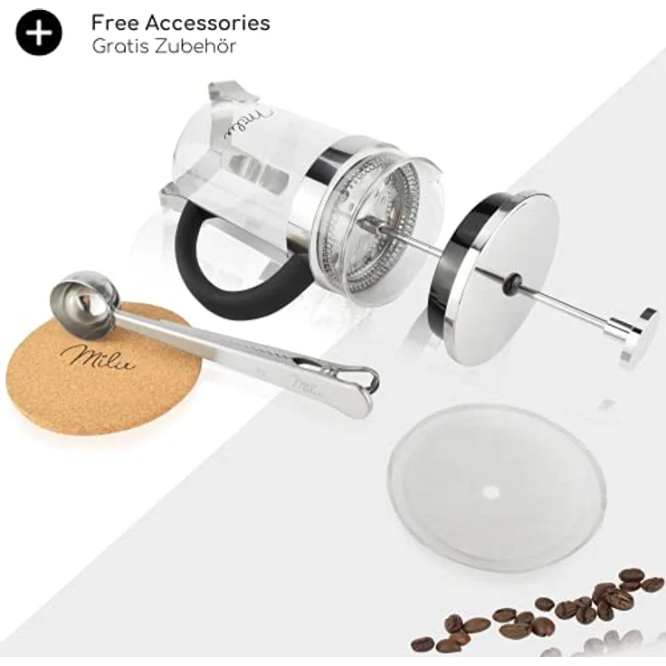 Milu French Press Kaffeebereiter | 350ml, 600ml, 1L | Glas Kaffeepresse, Kaffeezubereiter für Zuhause Reisen Camping inkl. Untersetzer, Löffel, Ersatzfilter (Edelstahl, 600ml (3 Tassen) – Bild 4