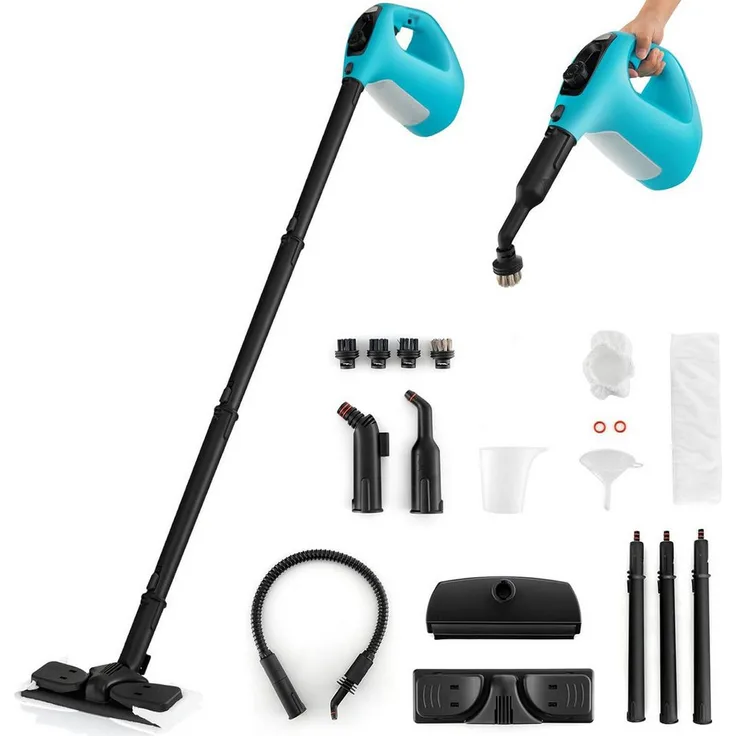 KOMFOTTEU Dampfreiniger, tragbarer 1400 W Mehrzweck-Dampfreiniger mit 14 Zubehörteilen, Blau/Grün/Gelb/Grau, 400 ml Wassertank und 5 m Netzkabel