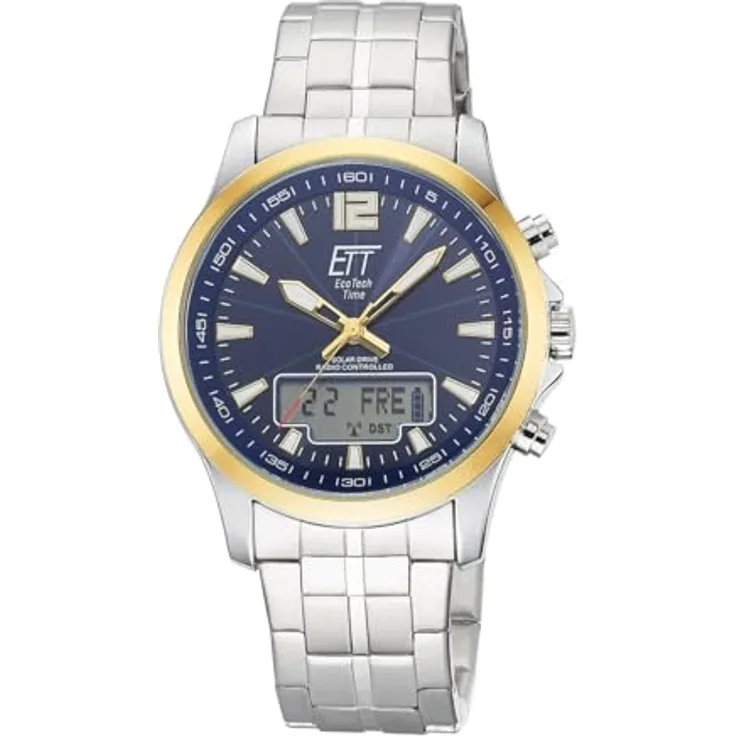 ETT Eco Tech Time EGA-11717-31M, Funk-Solar Herren Uhr mit Edelstahl Armband, analog mit digitalem Datum, wasserdicht bis 5 Bar, silber-gold mit blauem Zifferblatt