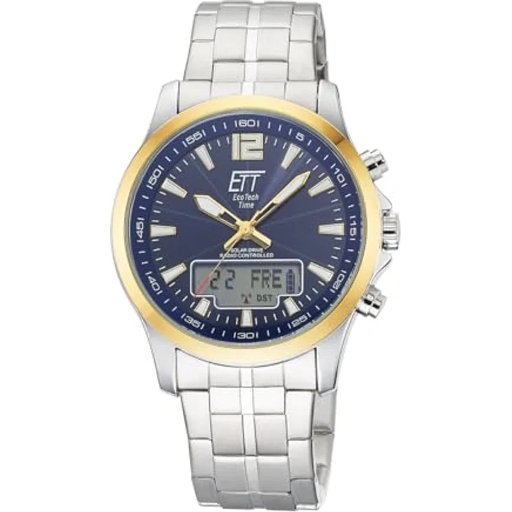 ETT Eco Tech Time EGA-11717-31M, Funk-Solar Herren Uhr mit Edelstahl Armband, analog mit digitalem Datum, wasserdicht bis 5 Bar, silber-gold mit blauem Zifferblatt – Bild 1