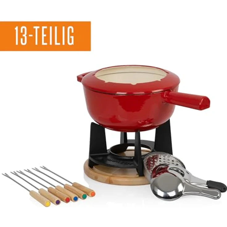 Mahlzeit Gusseisen Fondue Set für 6 Personen | 2 Liter | Fondueset 13 teilig mit Brenner und Gabeln | Fondue-Set, Käsefondue Set, Fleischfondue Set, Schokofondue Set (Rot emailliert) – Bild 2