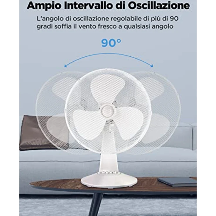 Midea Tischventilator, 3 Geschwindigkeitsstufen, mechanische Steuerung, 80° Oszillation, neigbar, weiß – Bild 3