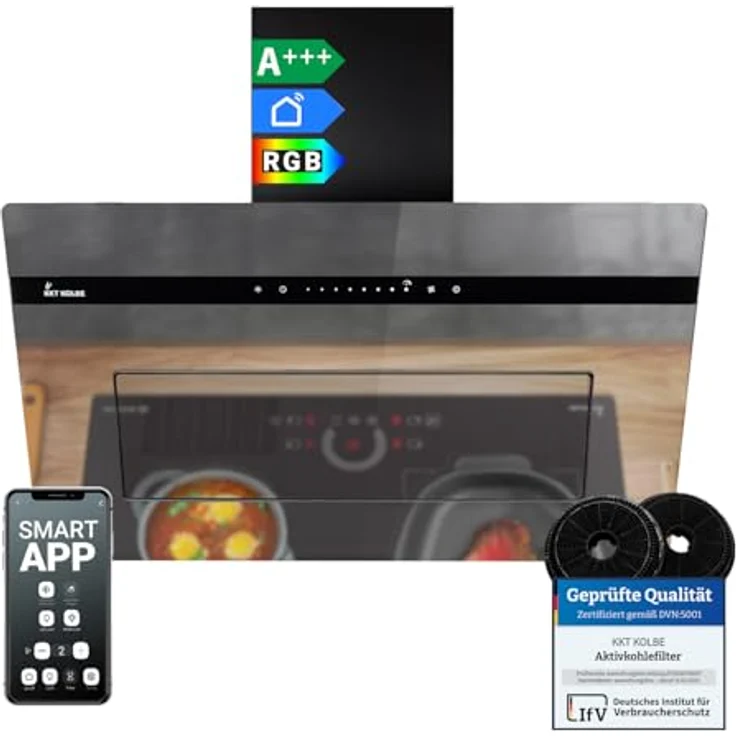 KKT KOLBE PLOOM8005M Dunstabzugshaube 80 cm, A+++ mit 782 cbm/h, Umluft/Abluft, Schwarz Glas Spiegel, Nachlaufautomatik, Smart WiFi App, SensorTouch, RGBW LED-Beleuchtung – Bild 1
